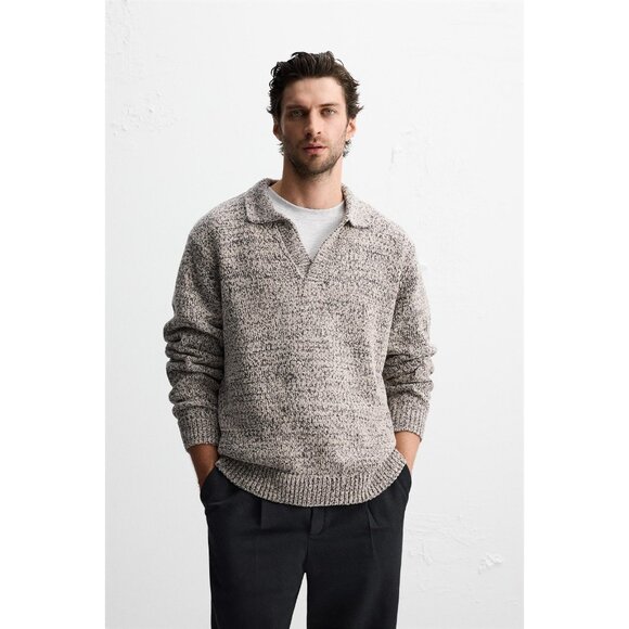 Zara Mens Polo Sweater Large L Relaxed Black ecru Pullover Knit 5536/334 NWT - Picture 1 of 10